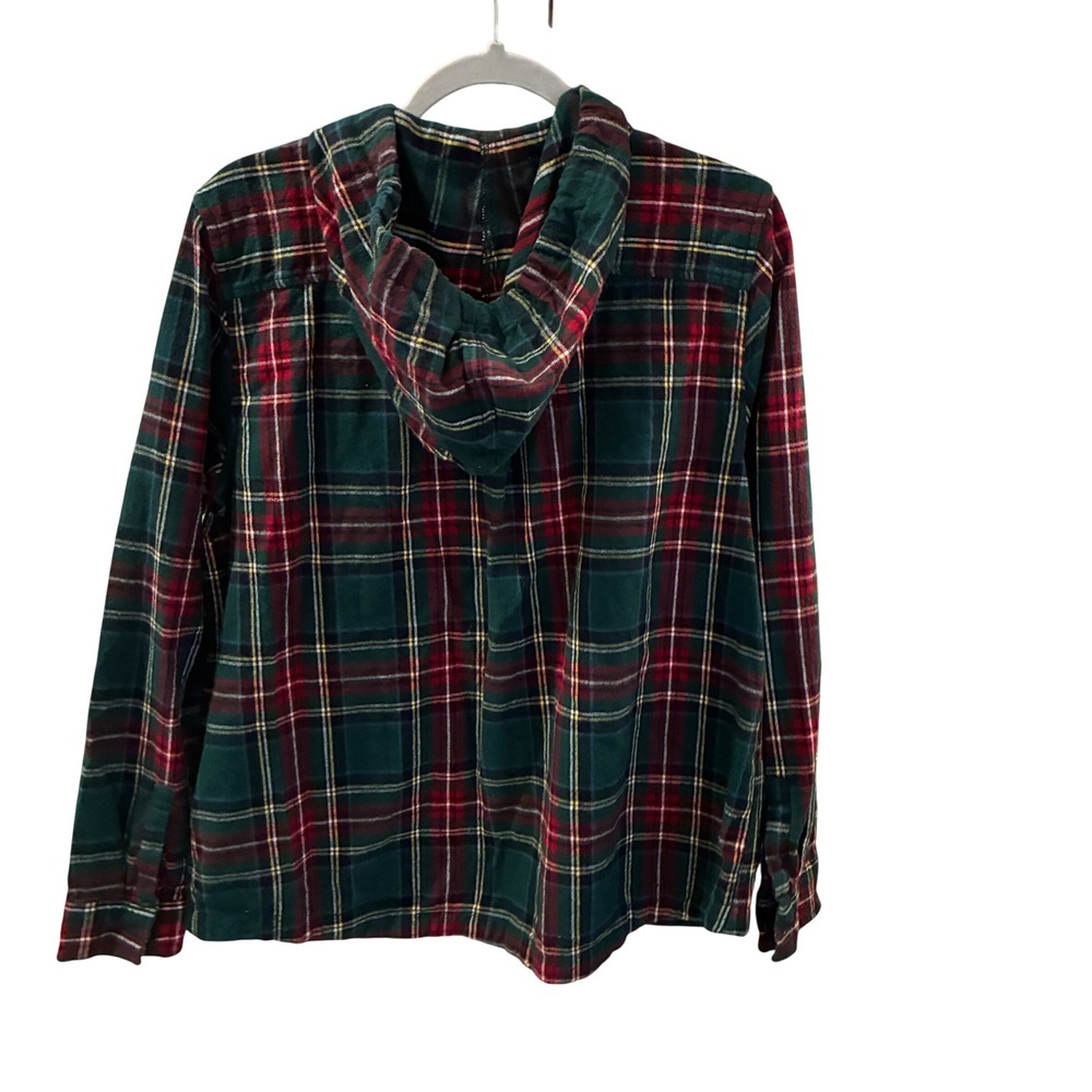 L.L.Bean Flannel Zip Hoodie Womens Size Lg Green Plaid Granola Gorpcore Outdoor - Picture 5 of 6